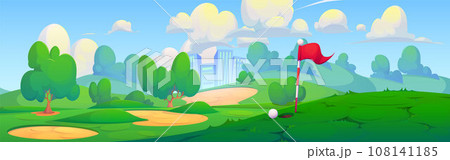 Sunny golf course against cityscape background 108141185
