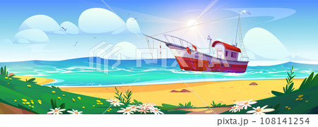 Summer sea shore landscape with fishing boat 108141254