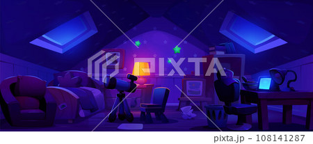 Night attic kid bedroom interior vector background 108141287