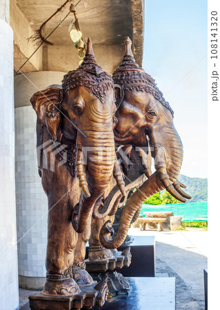 Traditional old wooden statue of Erawan three-headed elephant in Thailand Traditional old wooden statue of Erawan three-headed elephant in Thailand 108141320