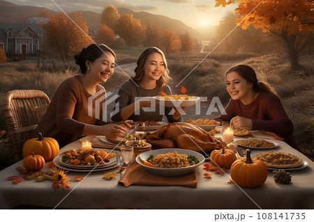 Happy family having Thanksgiving dinner on countryside. Happy family having Thanksgiving dinner on countryside. 108141735