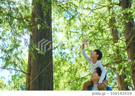 森林を散策する父と息子 108142019