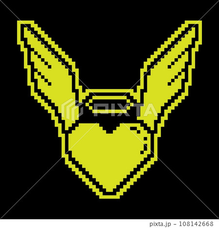 Pixel silhouette icon. Inspired heart of human in love. Heart symbol with wings and halo. Simple black and yellow vector isolated Pixel silhouette icon. Inspired heart of human in love. Heart symbol with wings and halo. Simple black and yellow vector isolated 108142668