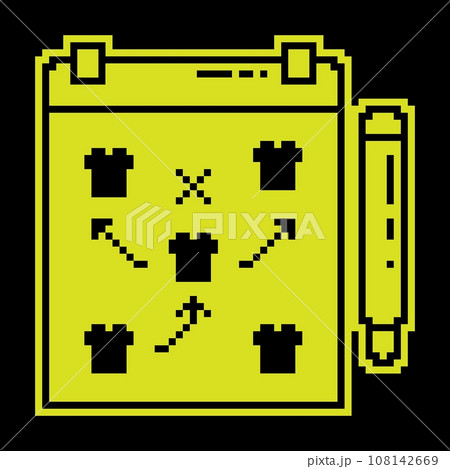Pixel silhouette icon. Tablet with with plan diagram of arrangement of players on football field. Leading coach by team players during game. Simple black and yellow vector isolated Pixel silhouette icon. Tablet with with plan diagram of arrangement of players on football field. Leading coach by team players during game. Simple black and yellow vector isolated 108142669