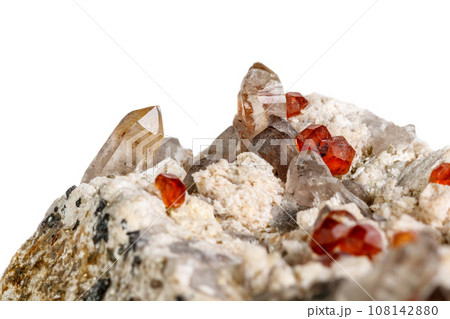 Macro mineral stone Spessartine, Feldspar, Smoky quartz, on a white background 108142880