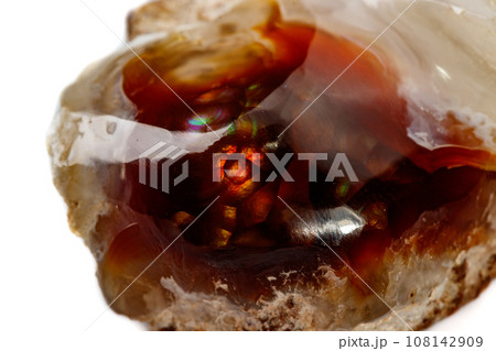Macro mineral stone fiery Agate on a white background 108142909