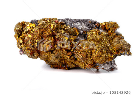 Macro mineral stone Chalcopyrite on a white background Macro mineral stone Chalcopyrite on a white background 108142926