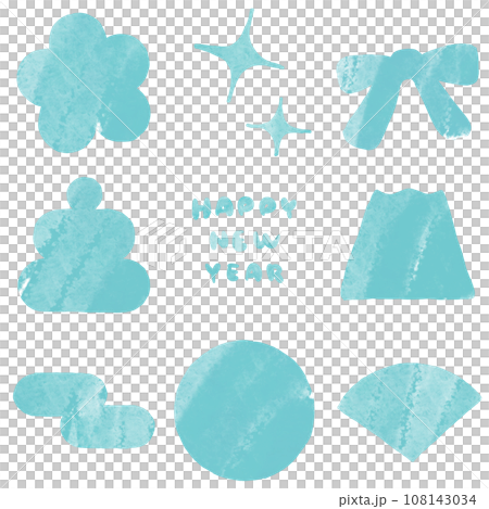 正月のイラスト シェイプ素材セット 水彩タッチ(青) 正月のイラスト シェイプ素材セット 水彩タッチ(青) 108143034