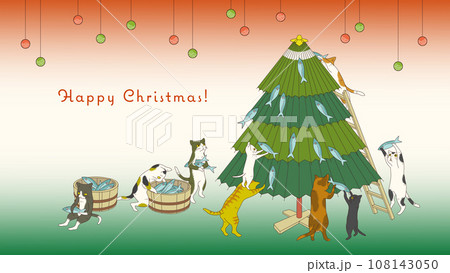クリスマスツリーに魚を飾りつける猫たち 108143050