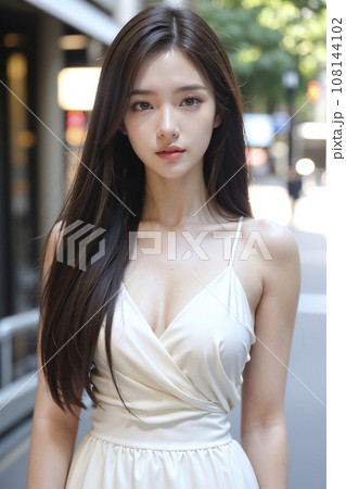 街角スナップ　黒髪ロングの素敵な女性（AI生成画像） 108144102