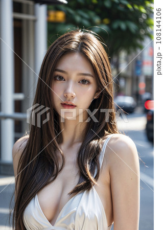 街角スナップ　黒髪ロングの素敵な女性（AI生成画像） 108144106