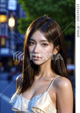 街角スナップ　黒髪ロングの素敵な女性（AI生成画像） 108144113