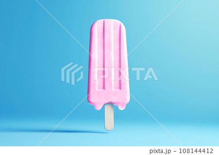 Pink melting popsicle on a blue background. Fruity ice cream. AI content. 108144412