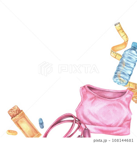 Sports frame corner. Watercolor illustration of Fitness exercise equipment and workout clothes. Hand drawn yoga and gym items on white isolated background. Square empty space for text Sports frame corner. Watercolor illustration of Fitness exercise equipment and workout clothes. Hand drawn yoga and gym items on white isolated background. Square empty space for text 108144681