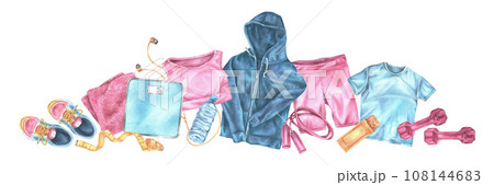 Fitness banner. Watercolor illustration of Sports exercise equipment and workout clothes border. Hand drawn horizontal composition of training items on isolated background Fitness banner. Watercolor illustration of Sports exercise equipment and workout clothes border. Hand drawn horizontal composition of training items on isolated background 108144683