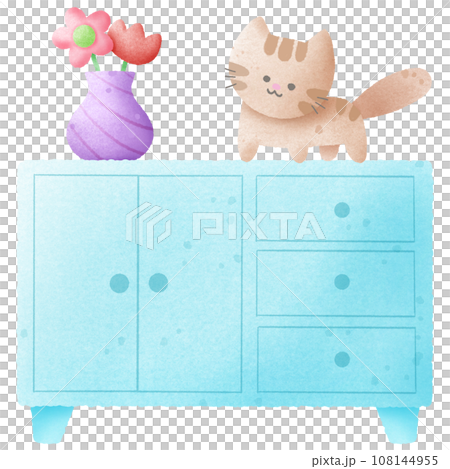 Cute pastel blue cabinet drawer with flapper vase and cat 108144955