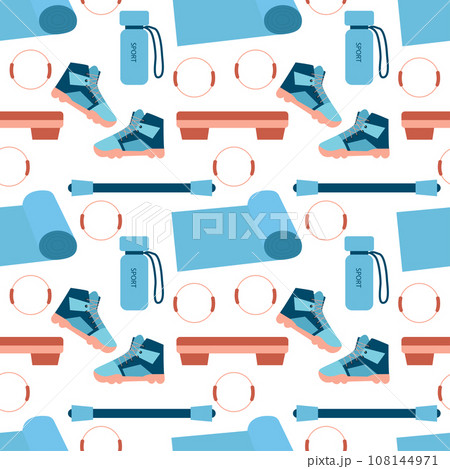 Seamless pattern. Various sports equipment. Fitness equipment, gym accessories. Dumbbells, fitness tracker, bag, medal hoop ball Healthy lifestyle Seamless pattern. Various sports equipment. Fitness equipment, gym accessories. Dumbbells, fitness tracker, bag, medal hoop ball Healthy lifestyle 108144971
