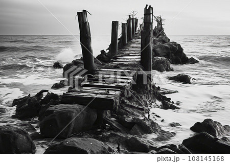 Pier of weathered old wooden planks withstands the ocean's surf, black and white 108145168