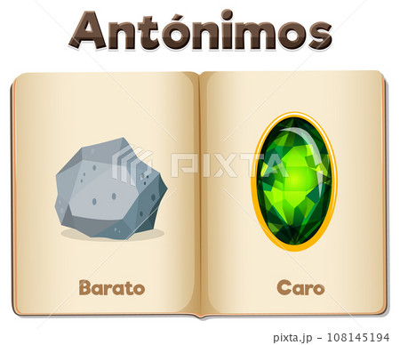 Antonym Word Card in Spanish: Barato and Caro means cheap and expensive 108145194