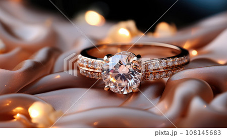 Golden wedding ring with a large diamond on a silk fabric with copy space, close-up Golden wedding ring with a large diamond on a silk fabric with copy space, close-up 108145683