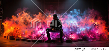 Man looking at the colorful graffiti on the wall in the dark room 108145715