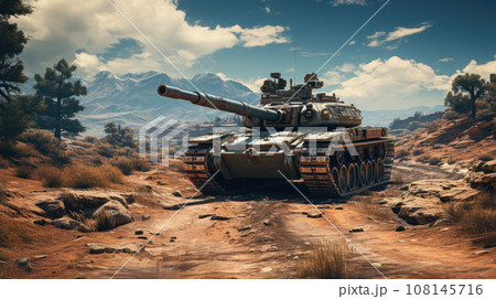 Battlefield actions, different military warships gunfire. Fighter jets attacks a tank as a defense mission. 108145716