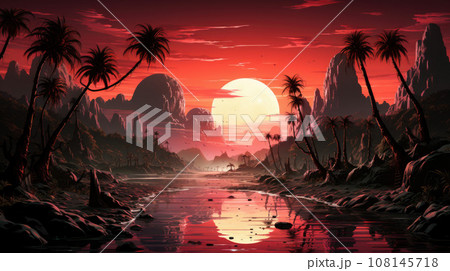 Sunset or sunrise on the beach landscape with beautiful pink sky and sun reflection over the water 108145718