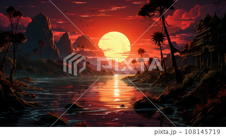 Sunset or sunrise on the beach landscape with beautiful pink sky and sun reflection over the water 108145719