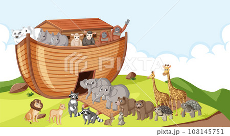 Noah's Ark: Many Animals on Wooden Boat Noah's Ark: Many Animals on Wooden Boat 108145751
