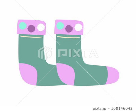 Vector illustration flat design light green and violet socks isolated on white. Textile warm clothes socks pair 108146042