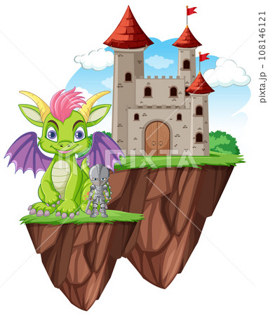 Cute Dragon with Knight Standing in Front of Castle Cute Dragon with Knight Standing in Front of Castle 108146121