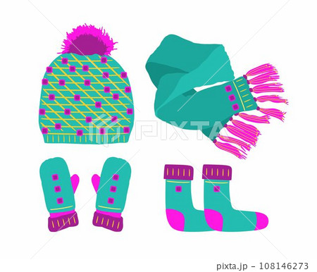 Green Hat with a Pompom, Scarf, socks and Mitten Set Knitted Seasonal Winter Traditional Accessories with Ornament 108146273