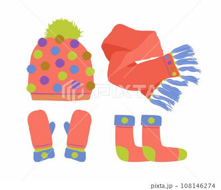 Orange Hat with a Pompom, Scarf, socks and Mitten Set Knitted Seasonal Winter Traditional Accessories with Ornament 108146274