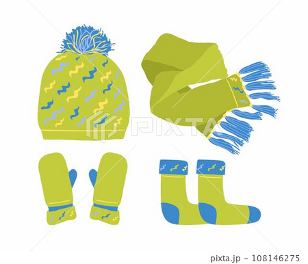 Set of winter accessories knitted hat scarf mittens socks light green. Stock vector flat illustration isolated on white 108146275
