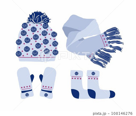 Set of winter accessories knitted hat scarf mittens socks light blue. Stock vector flat illustration isolated on white 108146276