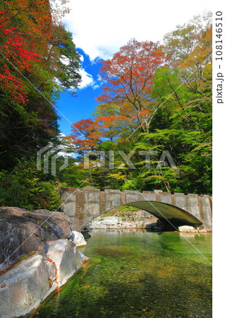 【愛媛県】晴天の面河渓の紅葉（五色河原） 108146510