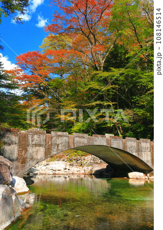 【愛媛県】晴天の面河渓の紅葉（五色河原） 108146514