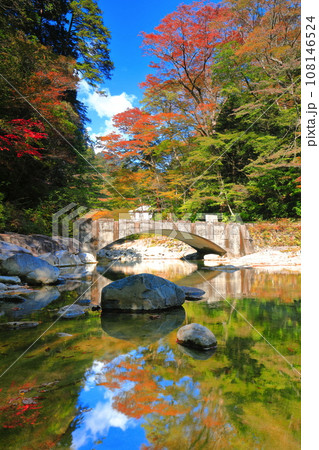 【愛媛県】晴天の面河渓の紅葉（五色河原） 108146524