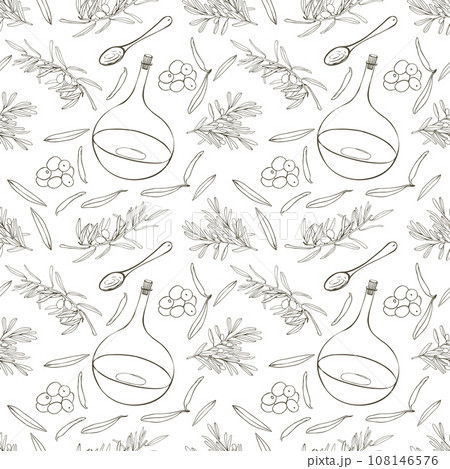 Seamless pattern of olive branches, leaves, glass bottle for oil, olives. Vector composition. Design for fabric, paper, textiles. Wallpaper. 108146576
