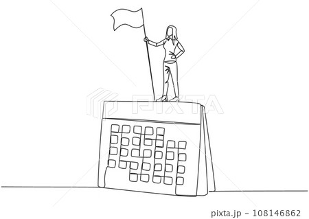 Single continuous line drawing businesswoman standing on giant desk calendar holding flag. Starting small steps in planned business pattern is key to success in achieving business profits. One line Single continuous line drawing businesswoman standing on giant desk calendar holding flag. Starting small steps in planned business pattern is key to success in achieving business profits. One line 108146862