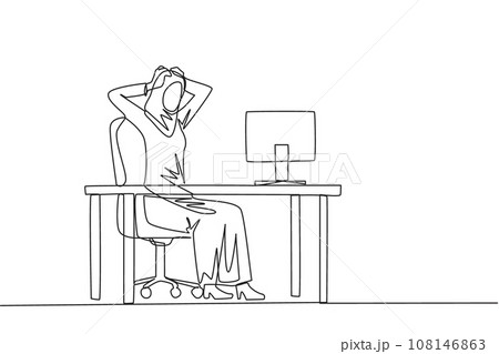 Single one line drawing of Arabian businesswoman sitting in work chair is holding her head with both hands. In front of monitor face the reality of many unpaid bills. Continuous line design graphic Single one line drawing of Arabian businesswoman sitting in work chair is holding her head with both hands. In front of monitor face the reality of many unpaid bills. Continuous line design graphic 108146863