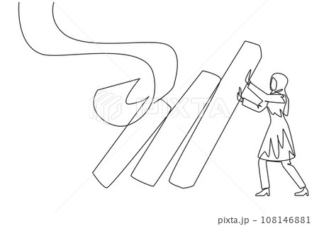 Single continuous line drawing Arab businesswoman holds back pile of walls collapsed bills. Withstand onslaught of bills that accumulate by holding back unnecessary business expenses. One line vector 108146881