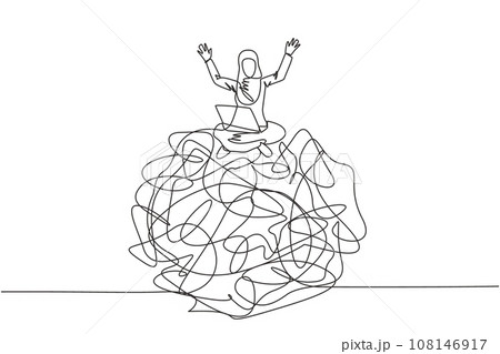 Continuous one line drawing Arabian businesswoman sitting on a giant tangled circle putting laptop on her thighs. Raising both hands as surrender sign. Business flop. Single line draw illustration 108146917