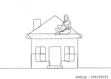 Continuous one line drawing of young Arabian businesswoman sitting on miniature house while working at computer laptop. House rental business. Great passive income. Good future life. Single line draw 108146935