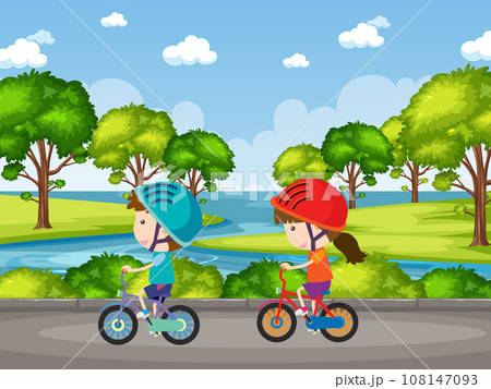 Children Riding Bicycle in Nature Park Children Riding Bicycle in Nature Park 108147093