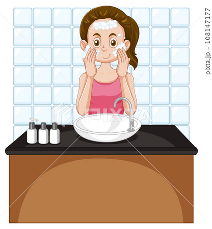 A female teen cleaning face at the sink 108147177