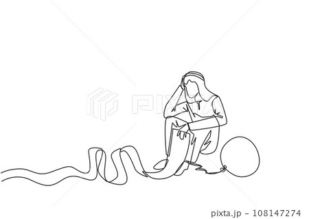 Single one line drawing of Arabian businessman sits on the floor and feet are chained by a steel ball while holding a billing paper. Fooled by loan sharks. Continuous line design graphic illustration 108147274