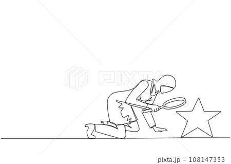 Continuous one line drawing Arabian businesswoman holds magnifying glass look at stars. The high star is the ultimate goal of business level. Reach dreams. Single line draw design vector illustration Continuous one line drawing Arabian businesswoman holds magnifying glass look at stars. The high star is the ultimate goal of business level. Reach dreams. Single line draw design vector illustration 108147353