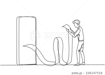 Single continuous line drawing young businessman holding billing paper roll coming out of smartphone. Billing which contains online payments, telephone bills, transfer transactions. One line vector 108147358