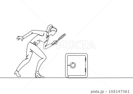 Continuous one line drawing of businesswoman holding magnifying glass look at safe deposit box. Finding for the best place of protection to save important data. Single line design vector illustration 108147361